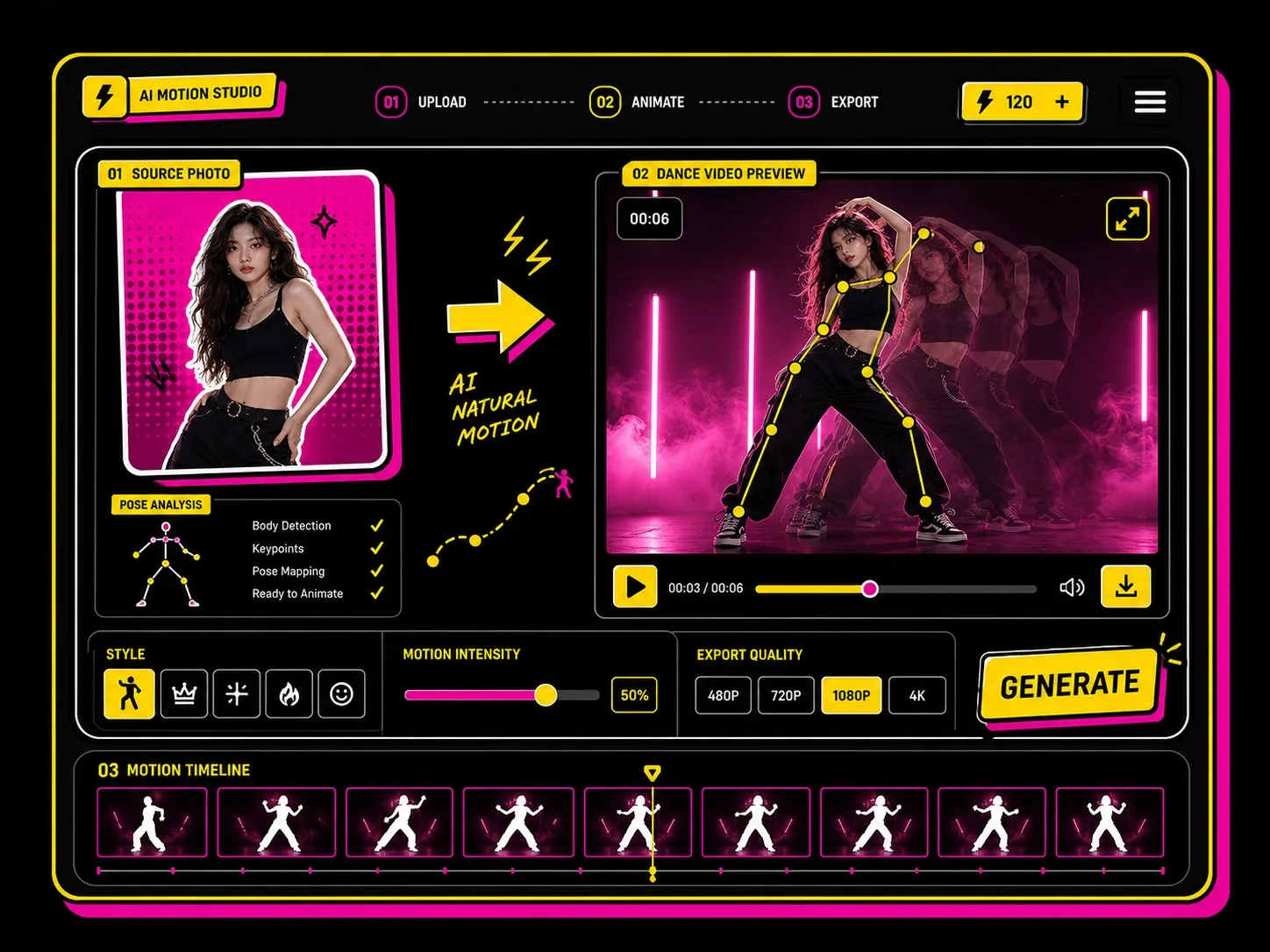 Before and after preview of a woman transformed into a purple studio dance pose